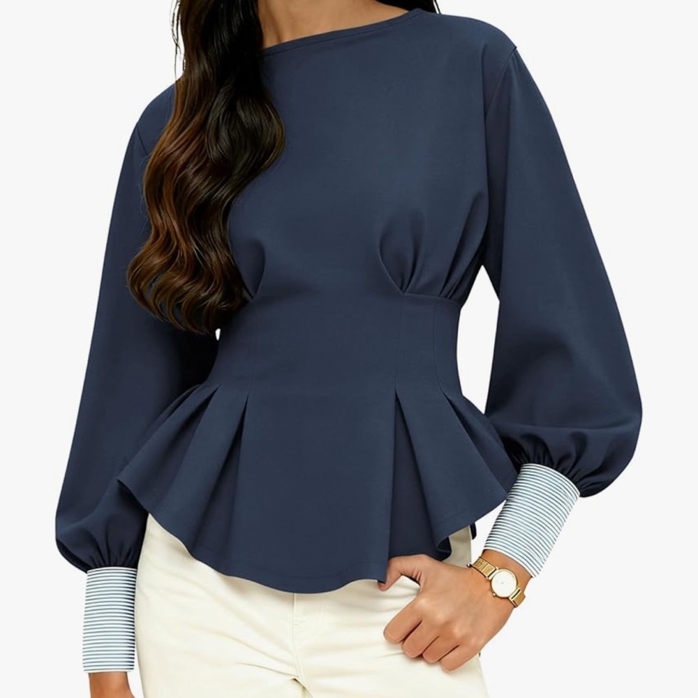 Chic Navy Blue Women's Blouse with Pleated Design